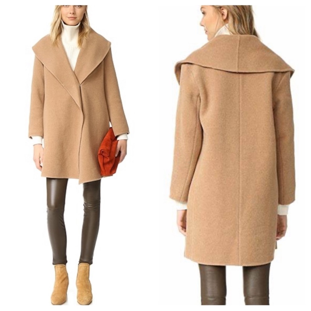 Club Monaco Shawl Collar Camel Coat L – Open‎ Front Wool Blend Long Jacket *read